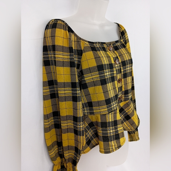 yellow Black peplum western Plaid Button-Up Top Preppy Patchwork fall blouse L - Picture 7 of 10